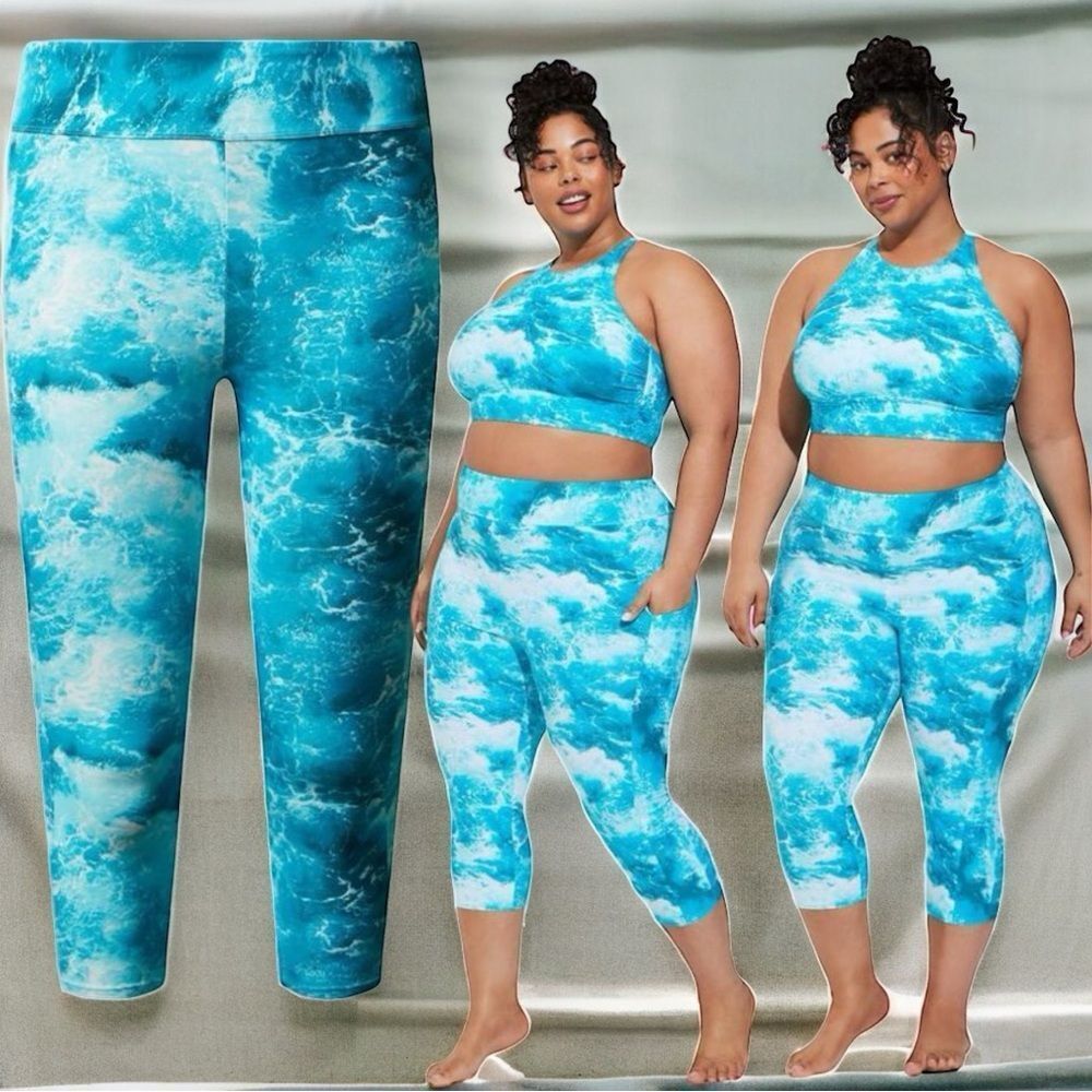 Torrid Blue Ocean Waves High-Rise Pocket Capri Swim Legging Matching Top Siz 3XL